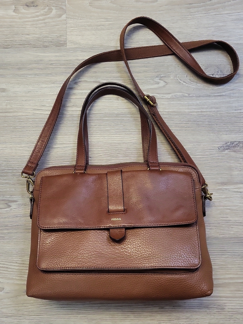 Fossil Cognac Brown Leather Satchel with Detachable Strap